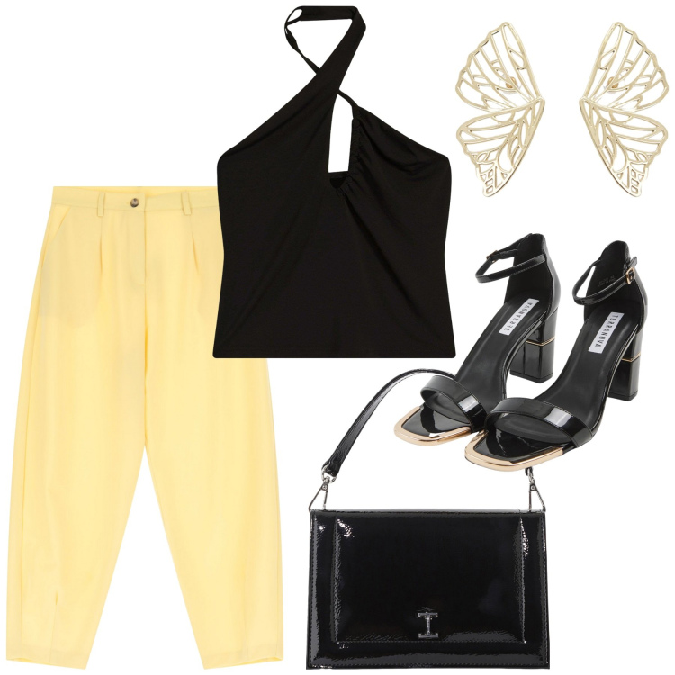 Outfit donna - Magica estate. Stile Glamour per Serata fuori. Abbinamento con top, sabot, borse a tracolla, pantaloni, orecchini.