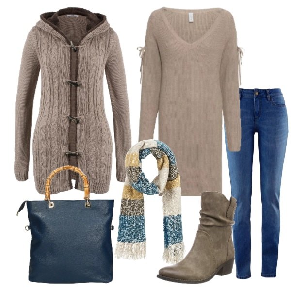 Outfit donna - Abito in maglia jeans e cardigan. Stile Basic per Tutti i giorni. Abbinamento con jeans skinny, cardigan, vestito con spalle scoperte in in maglia, sciarpa con frange multicolore, stivaletti marrone, borsa a mano made italy con zip e tracolla regolabile blu.