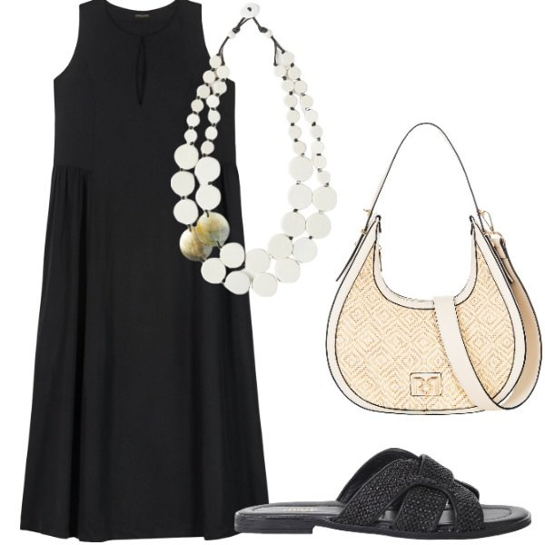 Outfit donna - Le serate di Luglio. Stile Casual chic per Tutti i giorni. Abbinamento con borse a mano, sandali, vestiti lunghi, ciondoli.