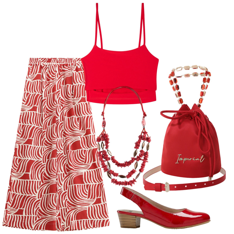 Outfit donna - Allegra in rosso. Stile Casual per Tutti i giorni. Abbinamento con décolleté, canottiere, pantaloni, borse a secchiello, collane.
