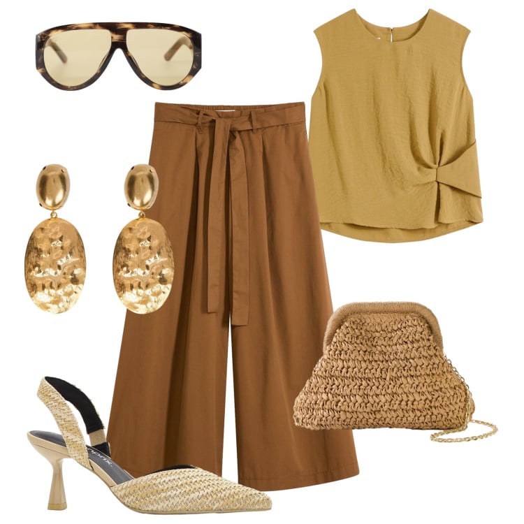 Outfit donna - Estate in città. Stile Trendy per Tutti i giorni. Abbinamento con top, décolleté, borse a tracolla, pantaloni, occhiali da sole, orecchini.
