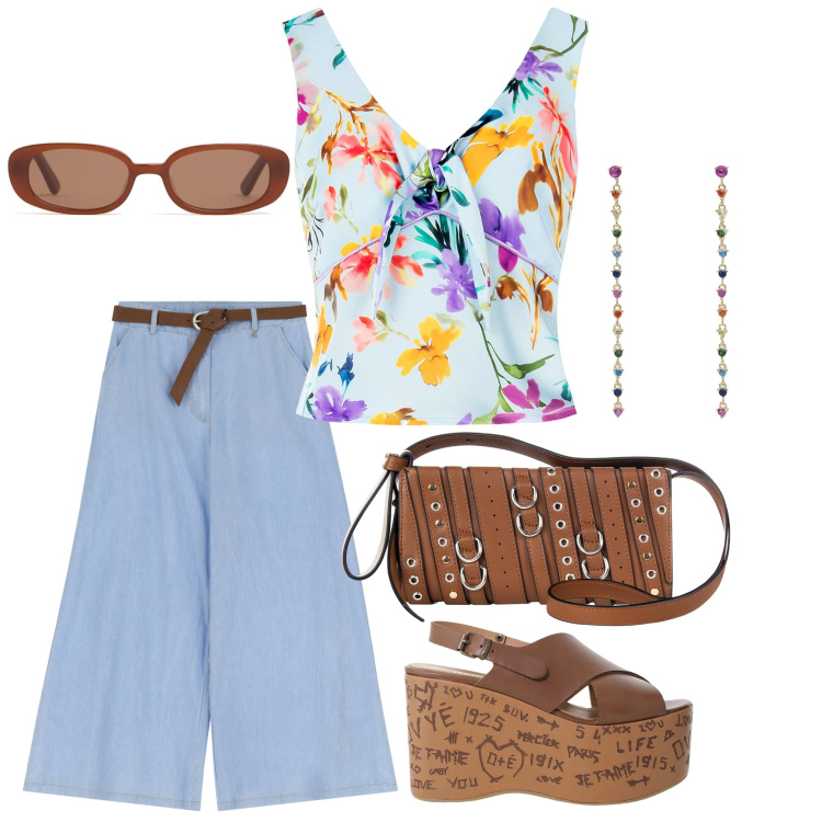 Outfit donna - Top floreale. Stile Casual per Tutti i giorni. Abbinamento con zeppe, pantaloni, orecchini, top, borse a spalla, occhiali da sole.