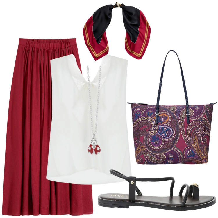 Outfit donna - Le serate di luglio. Stile Casual chic per Ufficio. Abbinamento con gonne lunghe, collane, top, sandali, borse tote, foulard.