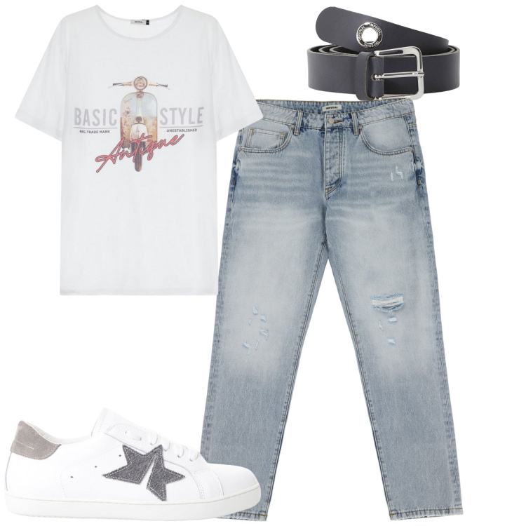 Outfit uomo - Imperial. Stile Casual per Tutti i giorni. Abbinamento con jeans strappati, cinture, sneakers, t-shirt.