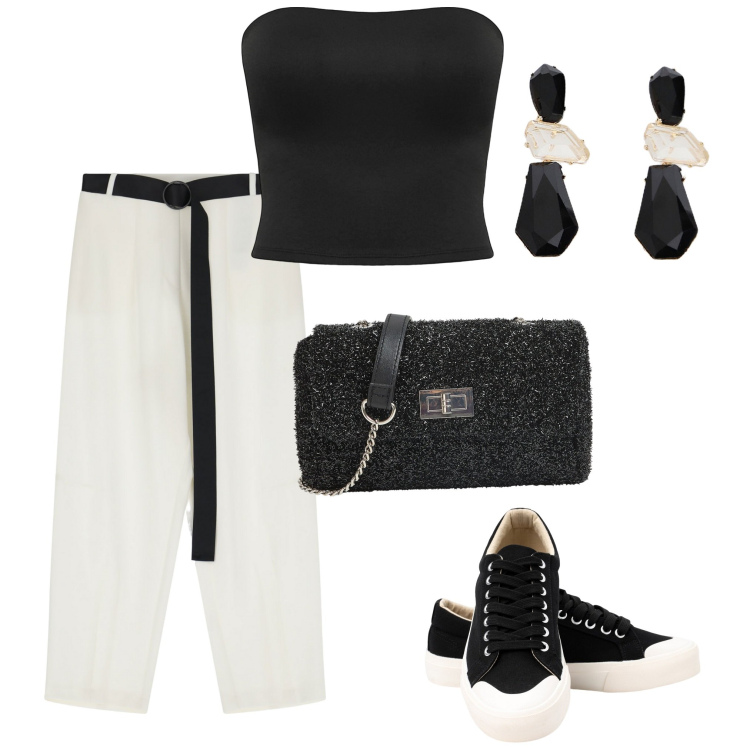 Outfit donna - Black and White. Stile Trendy per Tutti i giorni. Abbinamento con top, borse a tracolla, pantaloni, orecchini, sneakers.