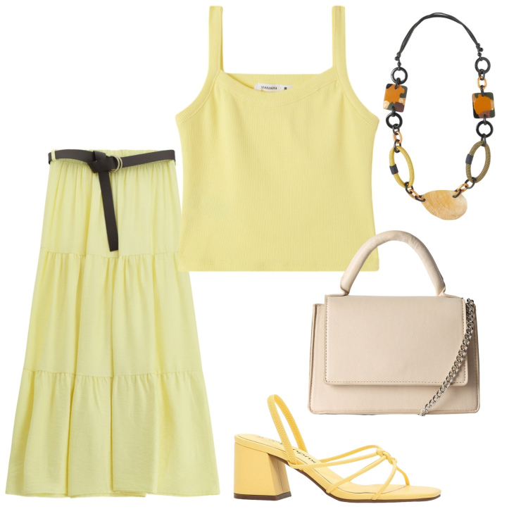 Outfit donna - Molto solare. Stile Boho per Tutti i giorni. Abbinamento con sandali col tacco, borse a tracolla, canottiere, gonne lunghe, collane.