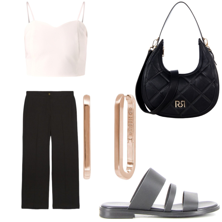 Outfit donna - Aperitivo. Stile Trendy per Tutti i giorni. Abbinamento con orecchini, borse a tracolla, canottiere, pantaloni, ciabatte.