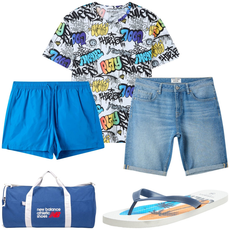 Outfit uomo - Total look #2206359. Stile Casual per Mare. Abbinamento con t-shirt, sandali, bermuda, costumi, borse sportive.