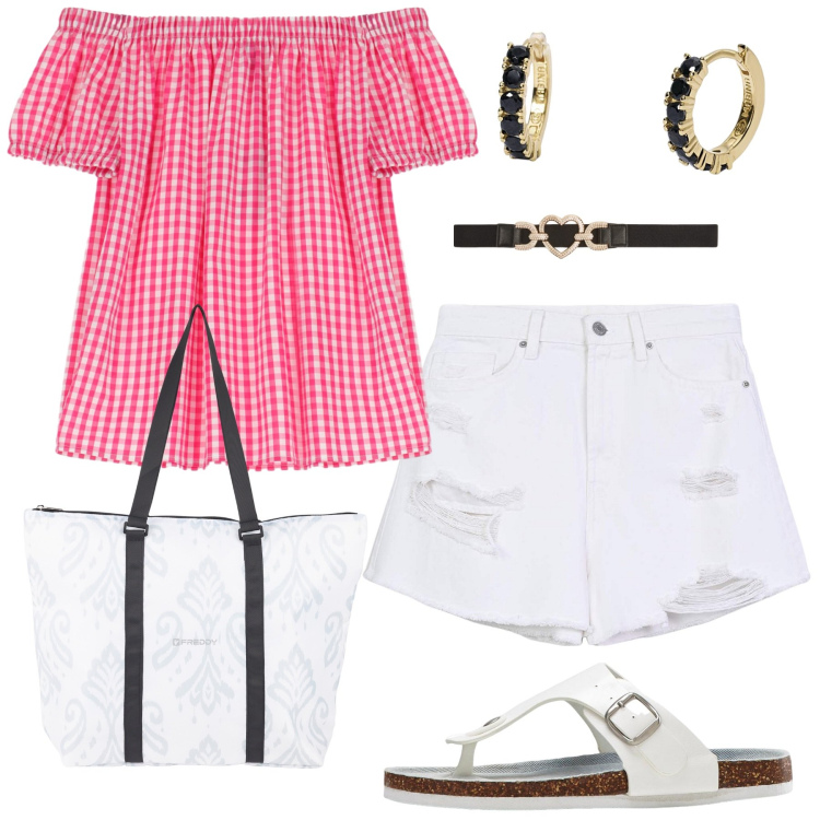 Outfit donna - Total look #2206361. Stile Minimal per Tutti i giorni. Abbinamento con infradito, cinture, shorts, orecchini, camicie a manica corta, shopping bag.
