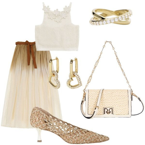 Outfit donna - A cena fuori. Stile Casual chic per Serata fuori. Abbinamento con orecchini, anelli, borse a tracolla, gonne lunghe, décolleté, top.