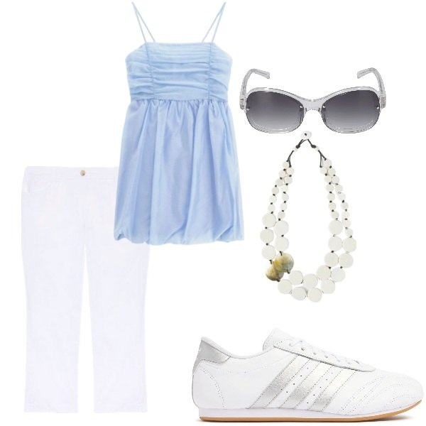 Outfit donna - Outifit di luglio. Stile Casual per Tutti i giorni. Abbinamento con vestiti corti, pantaloni, sneakers, occhiali da sole, ciondoli.
