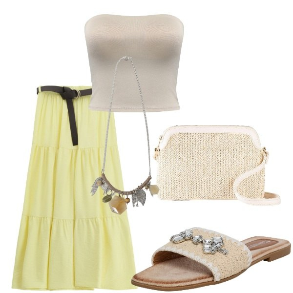 Outfit donna - Le serate di Luglio. Stile Casual chic per Serata fuori. Abbinamento con borse a tracolla, ciabatte, top, gonne lunghe, collane.