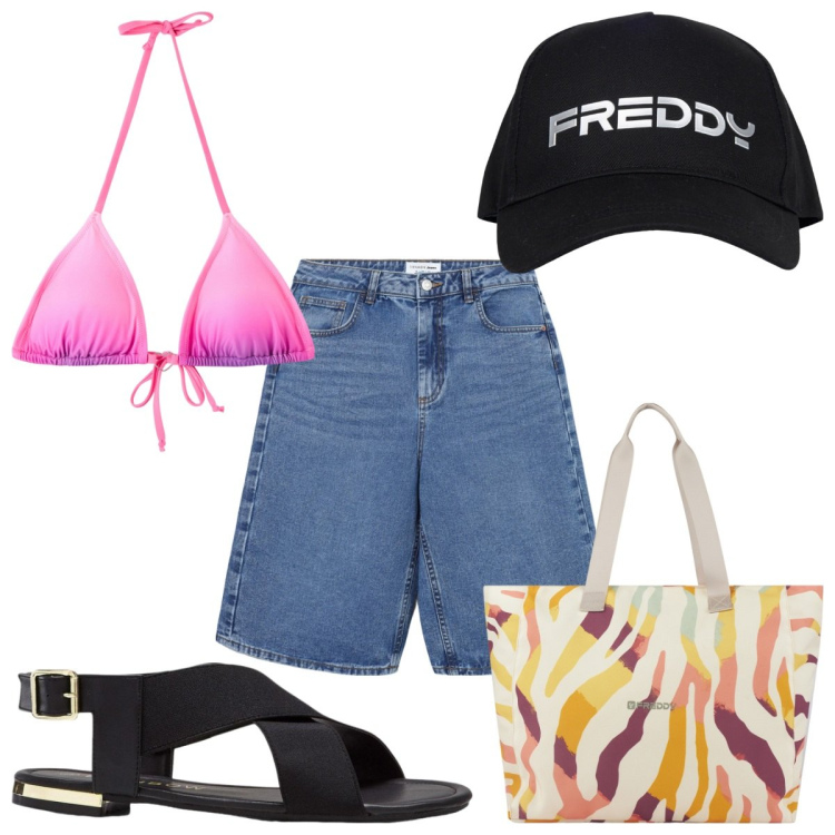 Outfit donna - Total look #2206384. Stile Trendy per Mare. Abbinamento con sandali, bermuda, bikini, shopping bag, cappelli.