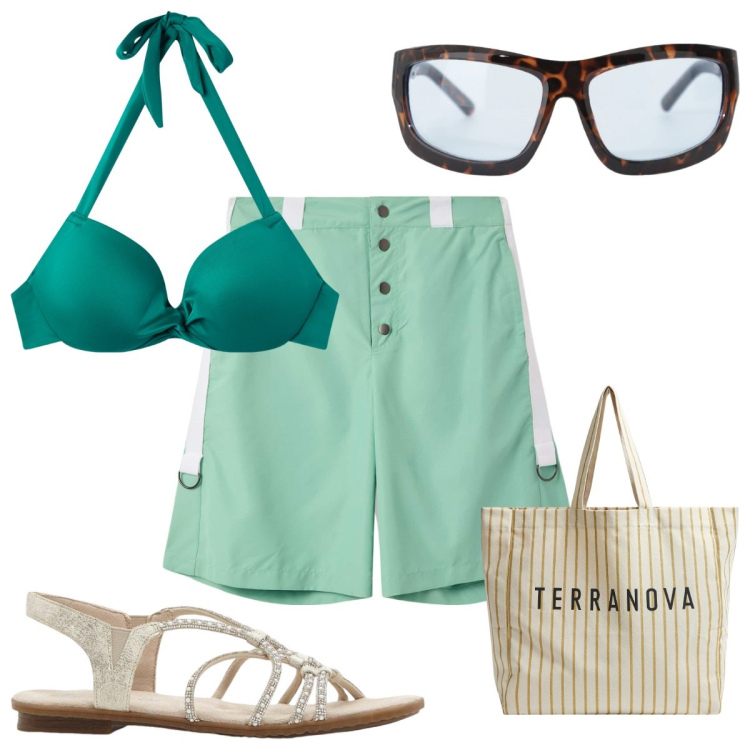Outfit donna - Total look #2206389. Stile Trendy per Mare. Abbinamento con sandali, bikini, bermuda, borse tote, occhiali da sole.