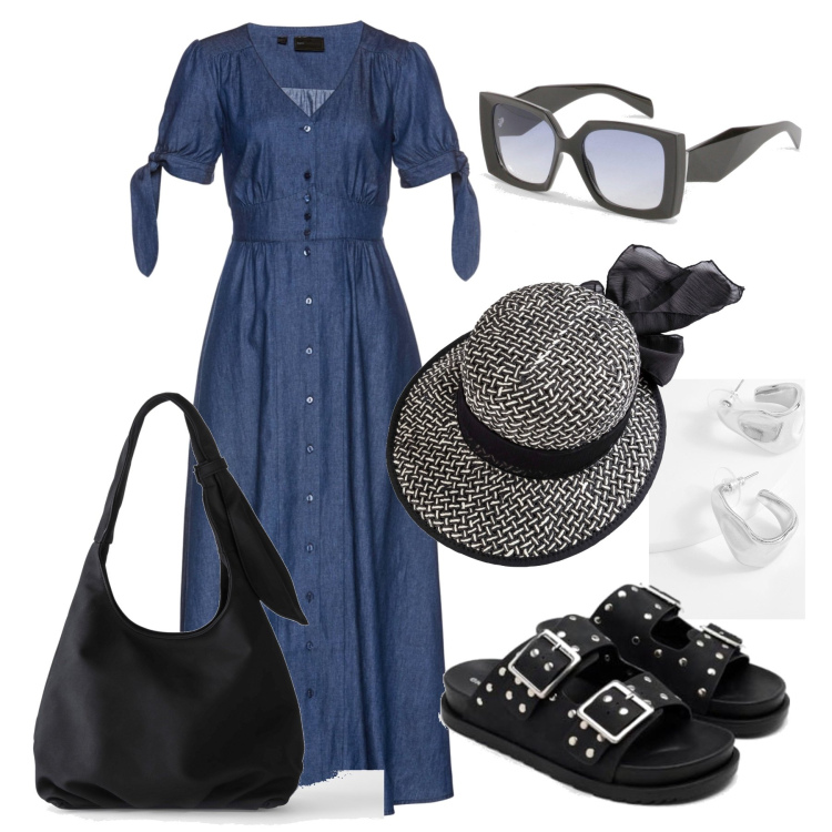 Outfit femme - Juillet. Style Romantique pour Tous les jours. Assortir avec robes, chapeaux, sacs en bandoulière, sandales, boucles d'oreilles, lunettes de soleil.