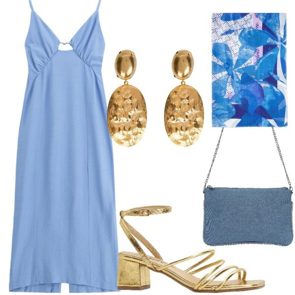 Outfit donna - Serata tra amici. Stile Casual chic per Serata fuori. Abbinamento con sandali col tacco, borse a tracolla, vestiti midi/longuette, stole, orecchini.