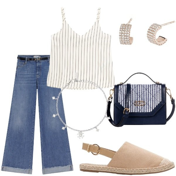 Outfit donna - Serata tra amici. Stile Casual per Tutti i giorni. Abbinamento con espadrillas, borse a mano, jeans, orecchini, braccialetti con ciondoli, top.