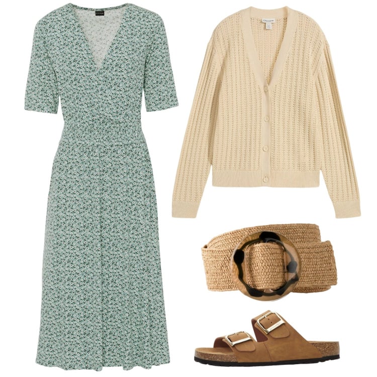 Outfit donna - Serata in campagna. Stile Casual per Serata fuori. Abbinamento con vestiti, cardigans, cinture, ciabatte.