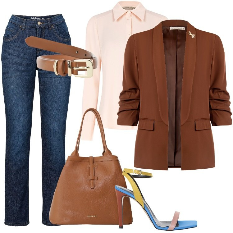 Outfit donna - Total look #2206416-2. Stile Boho per Ufficio. Abbinamento con jeans dritti, blazer, camicie, cinture, borse tote, sandali col tacco.