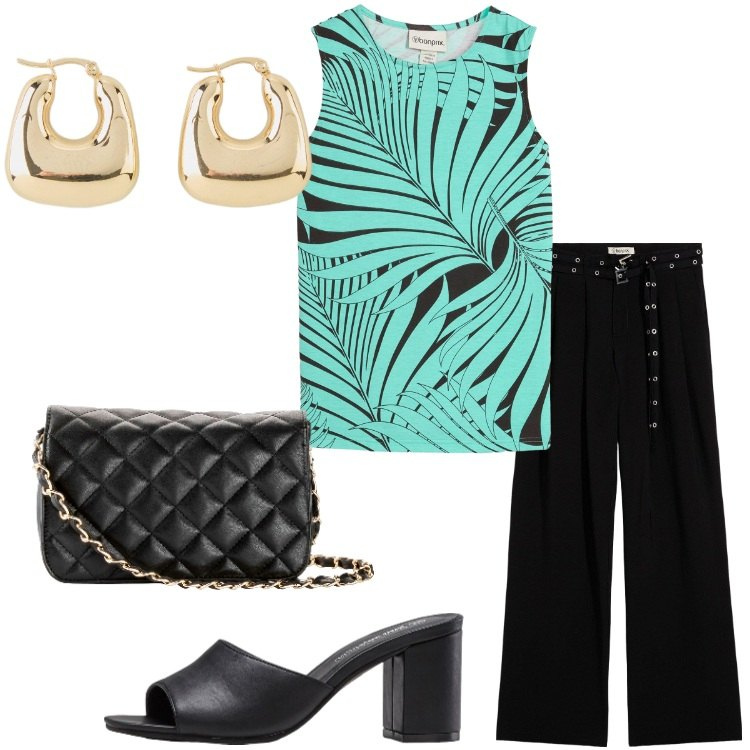 Outfit donna - bonprix - Saldi Estivi 25. Stile Chic per Serata fuori. Abbinamento con top, borse a tracolla, ciabatte, orecchini, pantaloni.