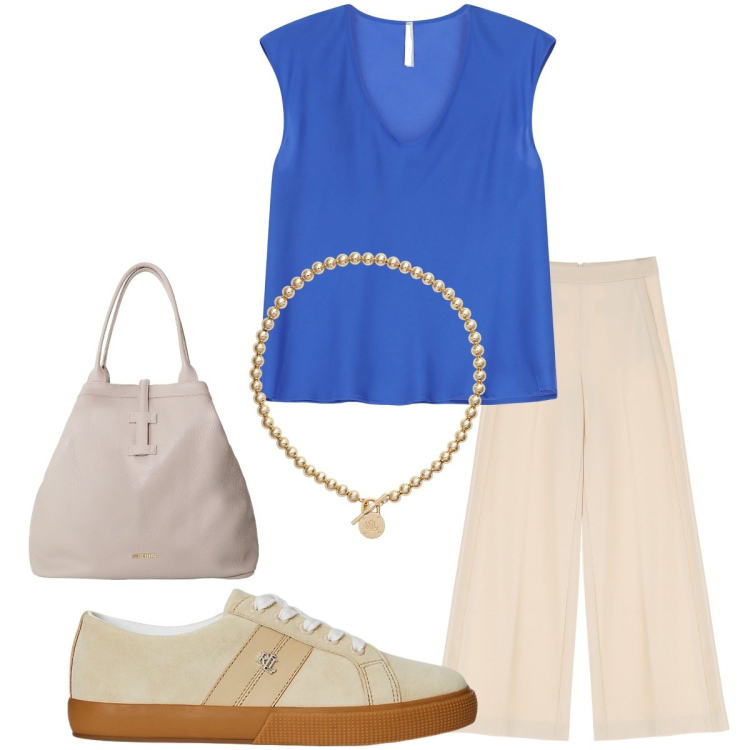 Outfit donna - Blu e sabbia. Stile Casual chic per Tutti i giorni. Abbinamento con pantaloni a palazzo, top, borse tote, sneakers, collane.