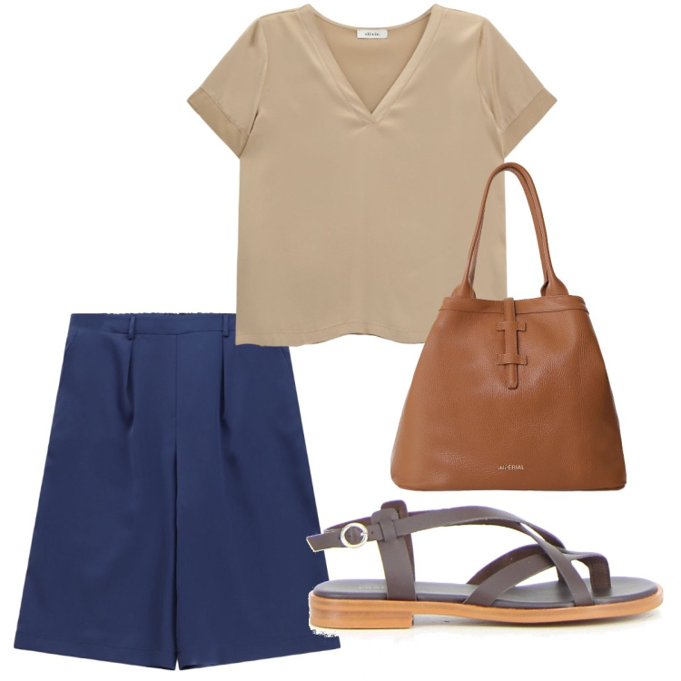 Outfit donna - Fresca ed elegante. Stile Bon Ton per Tutti i giorni. Abbinamento con bermuda, borse tote, t-shirt, sandali.