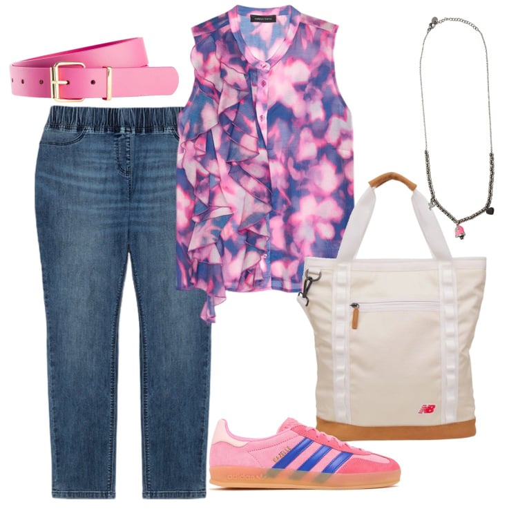 Outfit donna - In gita. Stile Sporty chic per Tutti i giorni. Abbinamento con cinture, shopping bag, ciondoli, jeggings, top, sneakers.