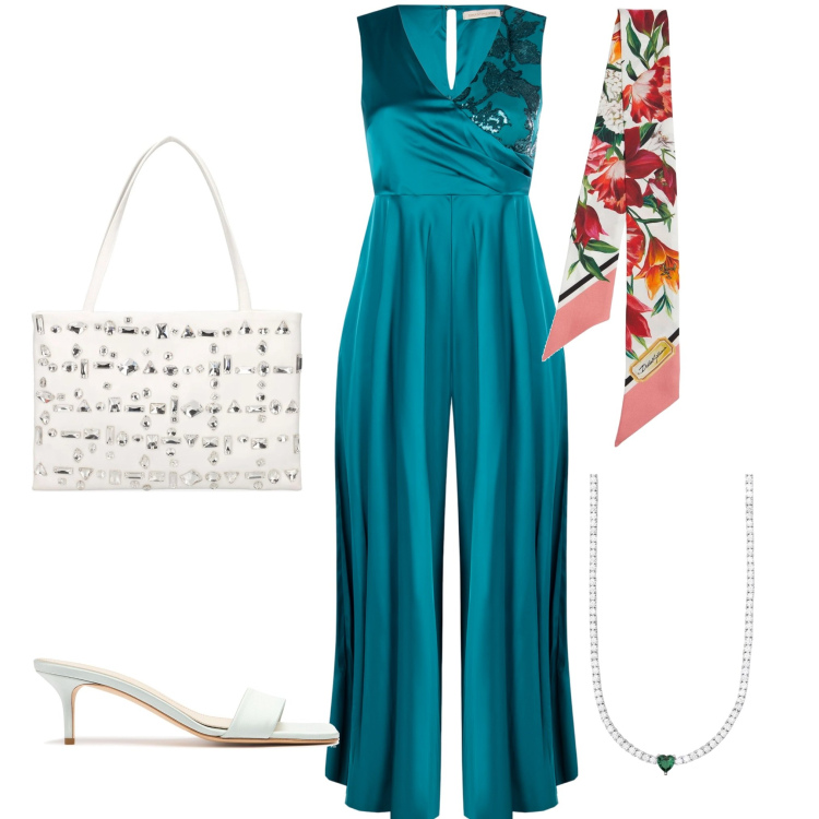 Outfit donna - Alla cresima. Stile Chic per Cerimonia. Abbinamento con tute, collane, pantofole, foulard, borse a spalla.