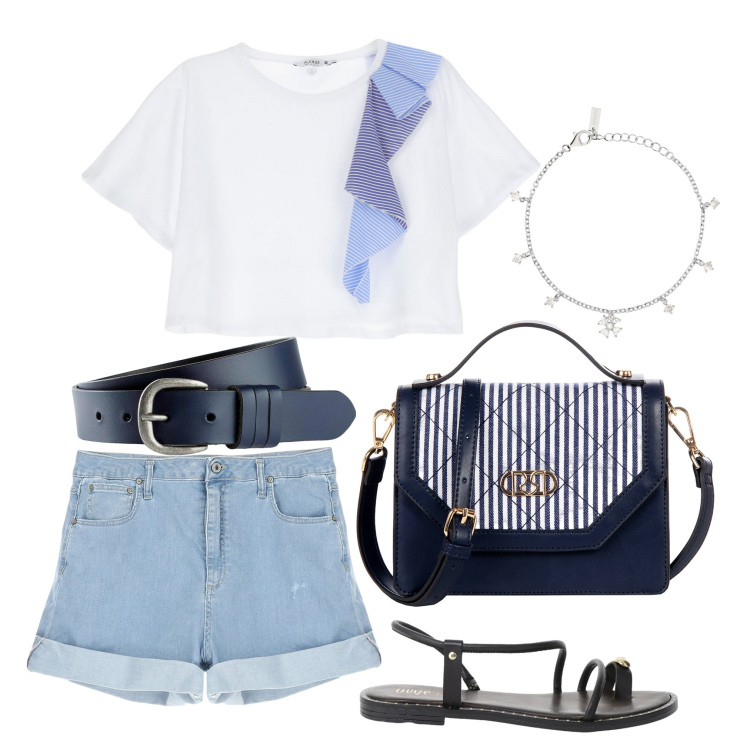 Outfit donna - Serata al mare. Stile Casual per Mare. Abbinamento con cinture, braccialetti con ciondoli, borse a mano, t-shirt, shorts, sandali.