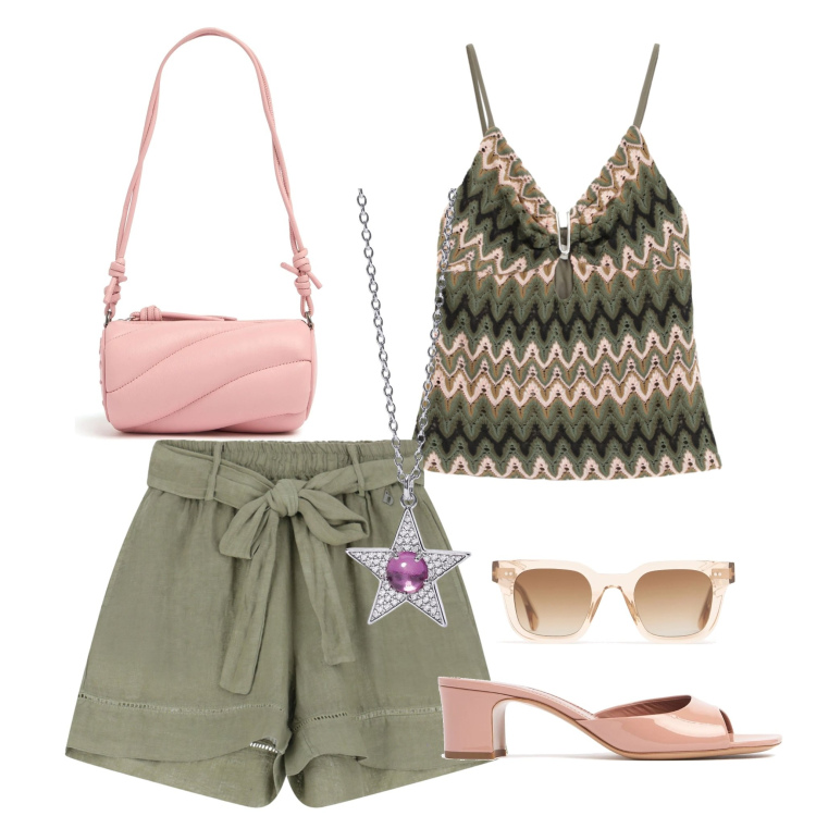 Outfit donna - Serata al mare 2. Stile Boho per Mare. Abbinamento con ciondoli, top, shorts, occhiali da sole, borse a spalla, sandali in pelle.