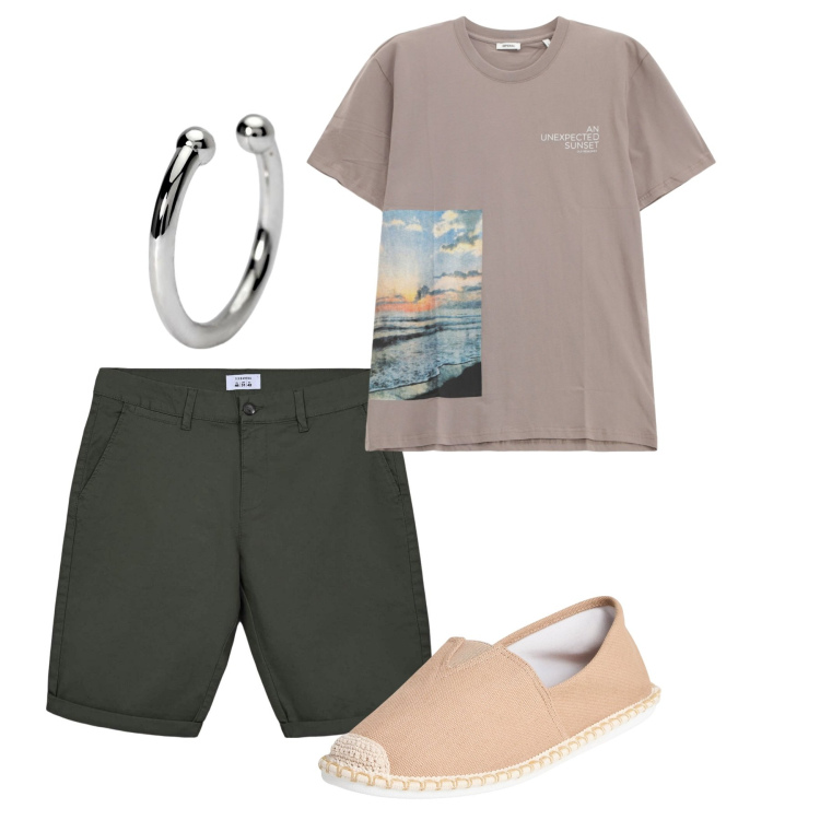 Outfit uomo - Luglio. Stile Casual per Tutti i giorni. Abbinamento con espadrillas, bermuda, orecchini, t-shirt.