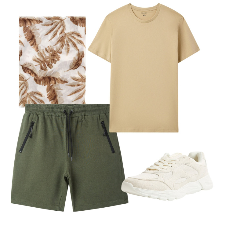 Outfit uomo - Luglio. Stile Casual per Tutti i giorni. Abbinamento con t-shirt, sneakers, bermuda, sciarpe e foulard.