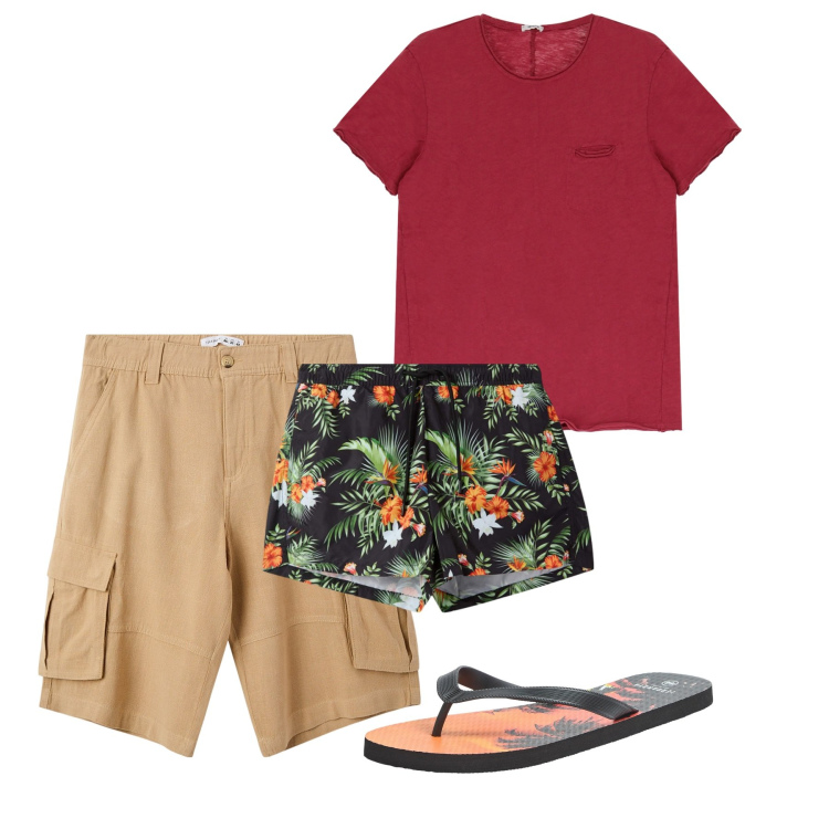 Outfit uomo - Mare. Stile Casual per Tutti i giorni. Abbinamento con costumi, sandali, pantaloni corti, t-shirt.