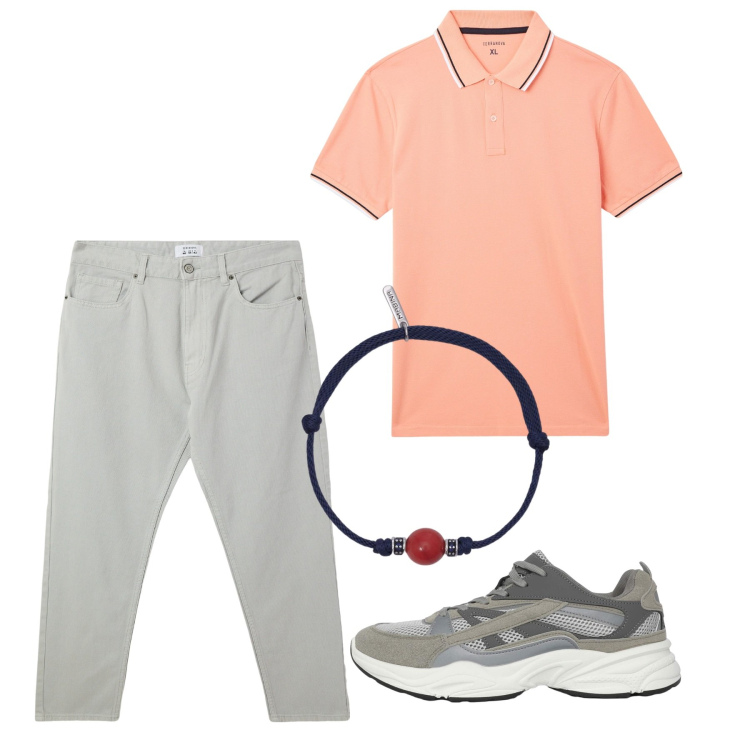 Outfit uomo - Weekend. Stile Casual per Tutti i giorni. Abbinamento con pantaloni, polo, sneakers, braccialetti.