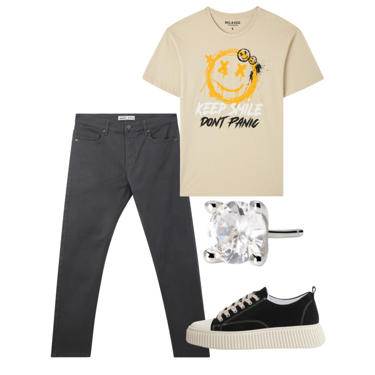 Outfit uomo - Don\'t panic. Stile Casual per Tutti i giorni. Abbinamento con t-shirt, pantaloni skinny, orecchini, sneakers.
