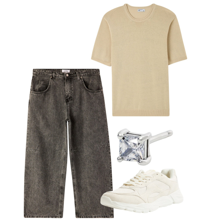 Outfit uomo - Pomeriggio libero. Stile Casual per Tutti i giorni. Abbinamento con t-shirt, jeans, sneakers, orecchini.