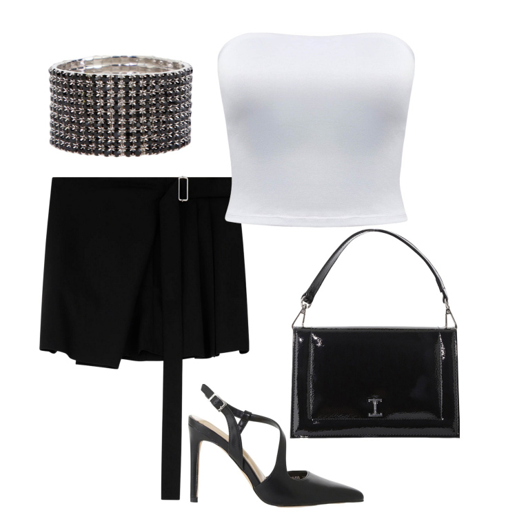 Outfit donna - Black and White 2. Stile Sexy per Serata fuori. Abbinamento con top, minigonne, borse a tracolla, décolleté, braccialetti.
