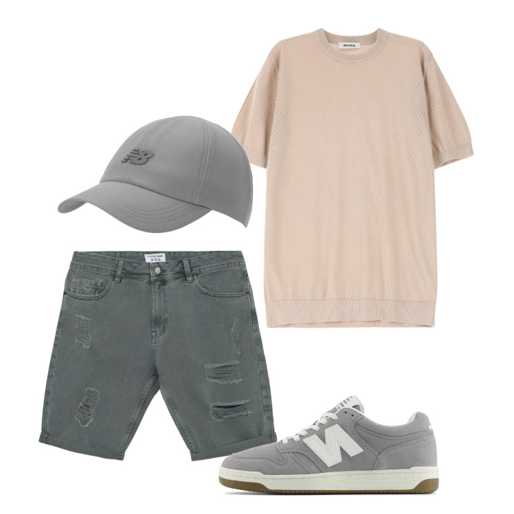 Outfit uomo - Pomeriggio. Stile Casual per Tutti i giorni. Abbinamento con maglieria, bermuda, sneakers, cappelli con visiera.