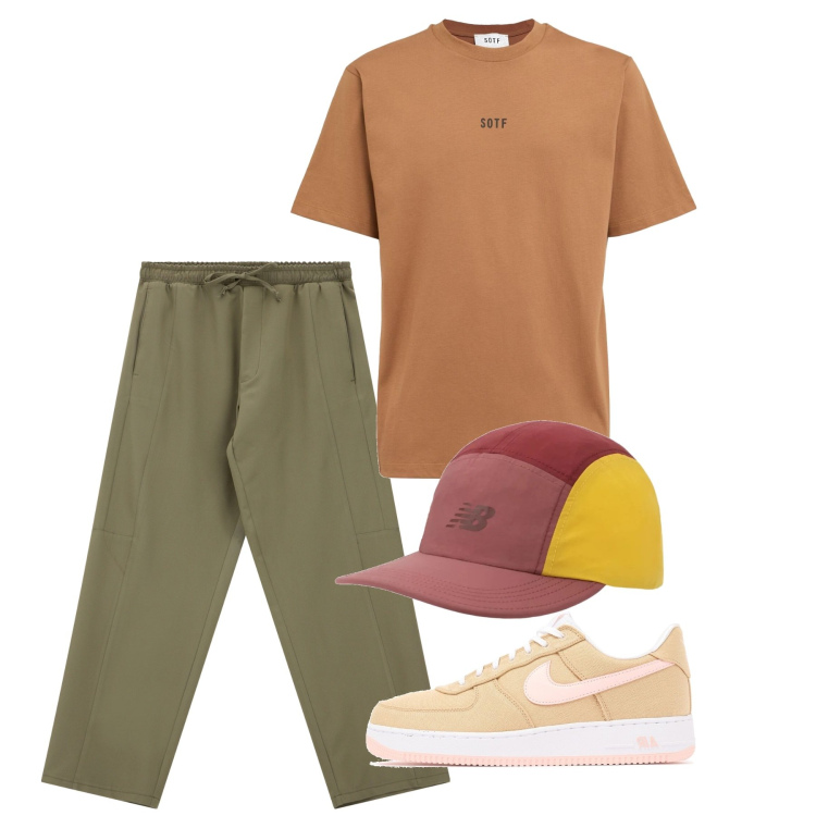 Outfit uomo - Luglio. Stile Casual per Tutti i giorni. Abbinamento con cappelli con visiera, pantaloni cargo, sneakers, t-shirt.