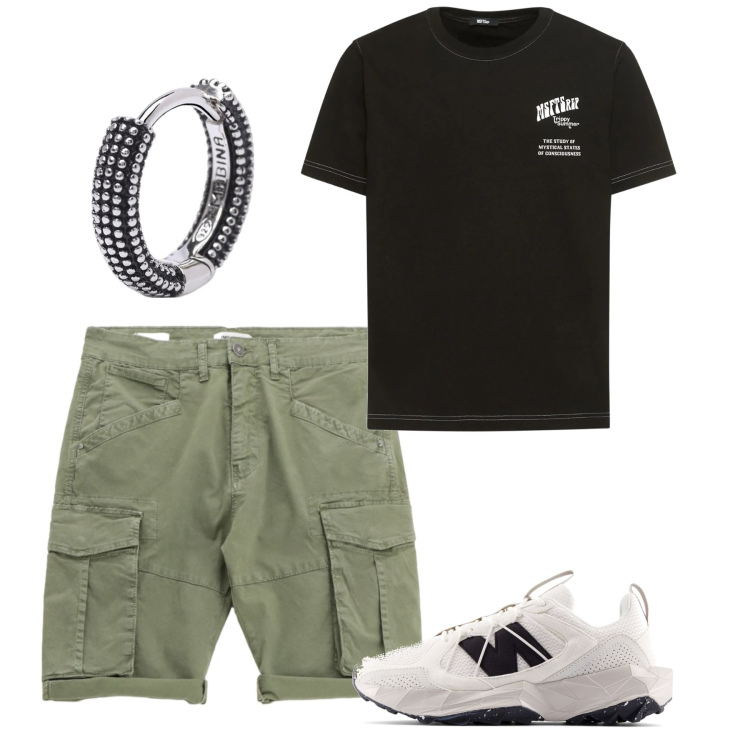 Outfit uomo - Luglio. Stile Urban per Tutti i giorni. Abbinamento con orecchini, sneakers, bermuda, t-shirt.