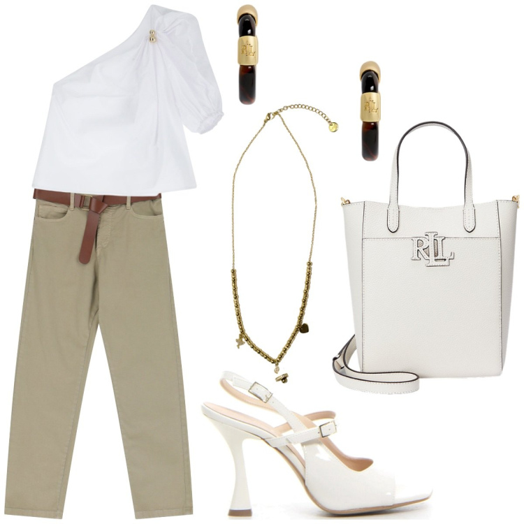 Outfit donna - Eleganza casual. Stile Casual chic per Ufficio. Abbinamento con pantaloni, bluse, ciondoli, orecchini, borse tote, sandali col tacco.
