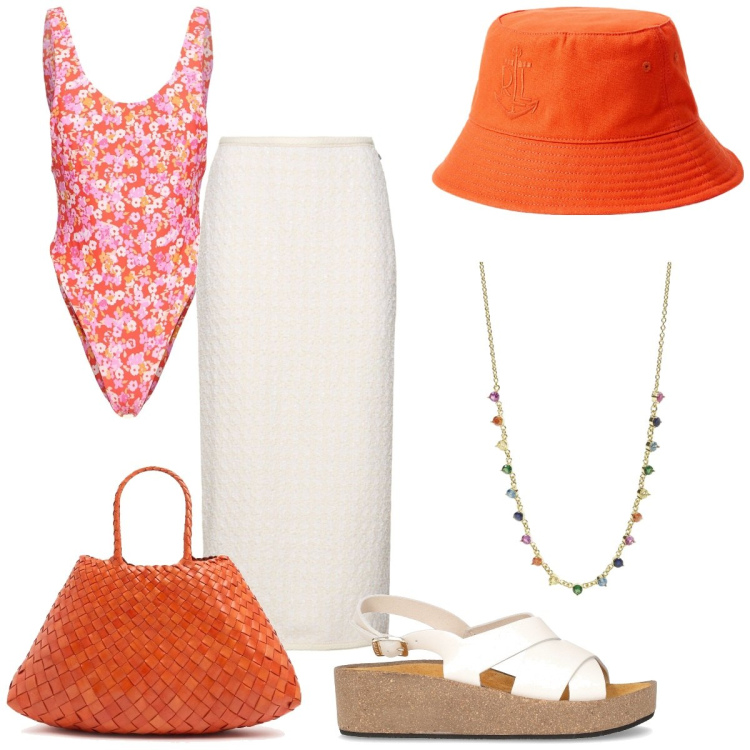 Outfit donna - Aperitivo floreale. Stile Bon Ton per Mare. Abbinamento con collane, cappelli, sandali, borse a spalla, costumi interi, gonne longuette.