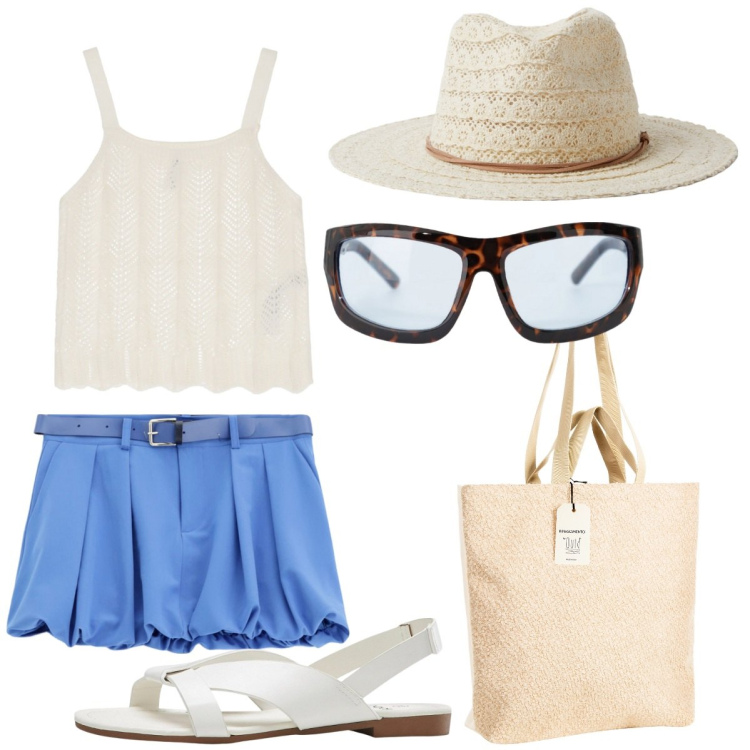 Outfit donna - Siamo al mare. Stile Boho per Mare. Abbinamento con sandali, cappelli, borse tote, minigonne, occhiali da sole, top.