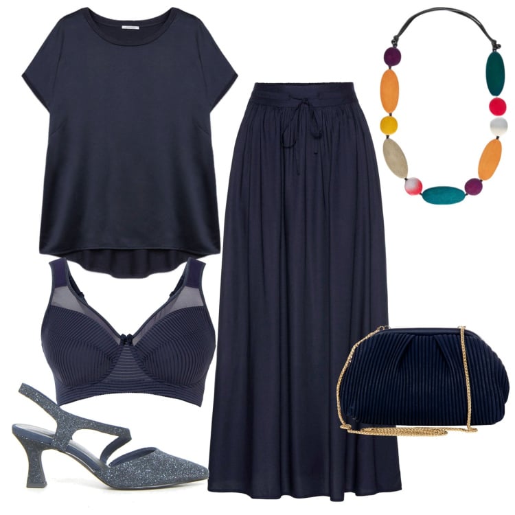 Outfit donna - Outfit monocromatico con twist - Curvy. Stile Casual chic per Serata fuori. Abbinamento con gonne lunghe, reggiseni, pochette, décolleté, collane, bluse.