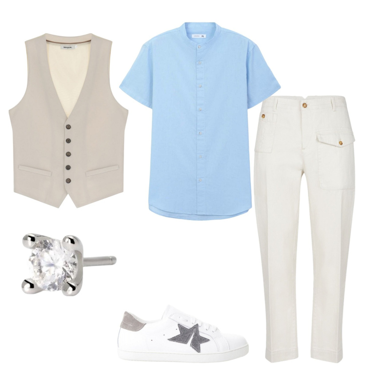 Outfit uomo - Total look #2206472. Stile Trendy per Serata speciale. Abbinamento con gilet, sneakers, camicie a manica corta, pantaloni, orecchini.