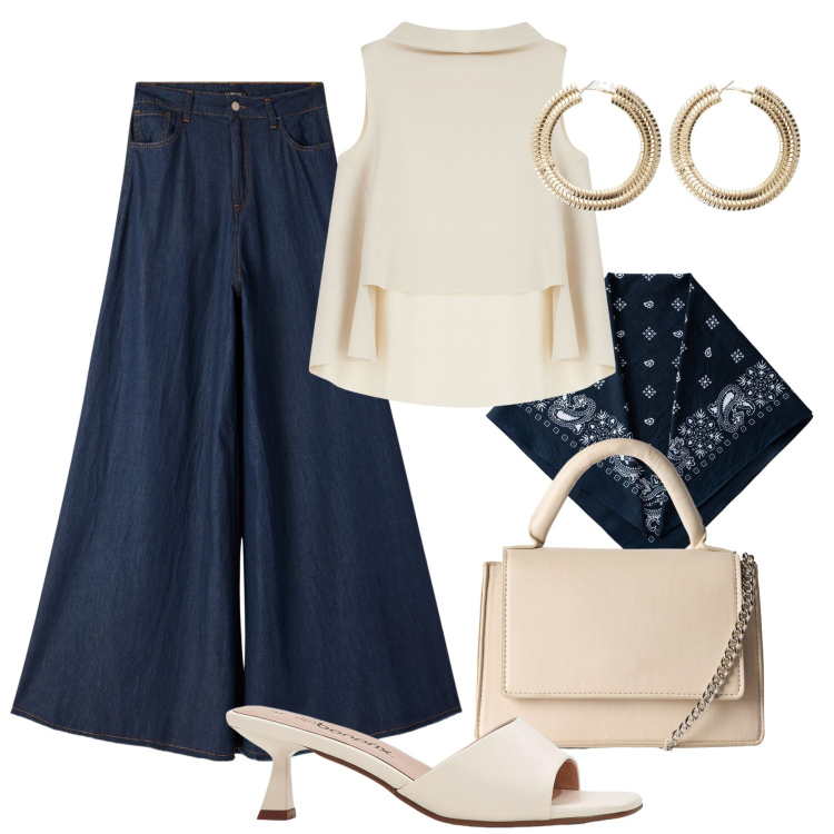 Outfit donna - Blu e burro H24. Stile Casual chic per Tutti i giorni. Abbinamento con ciabatte, borse a tracolla, jeans, top, orecchini, foulard.