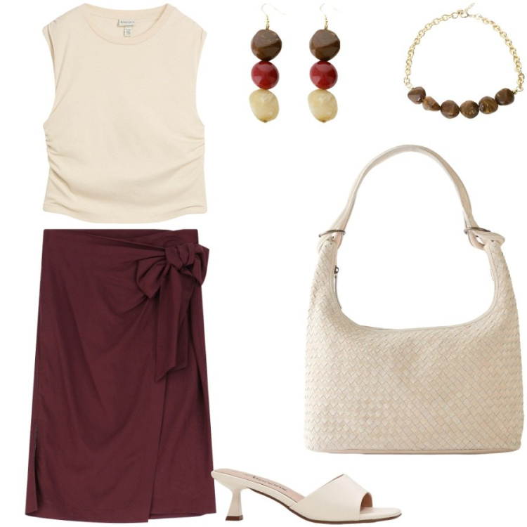 Outfit donna - Ultimo weekend di lavoro. Stile Chic per Ufficio. Abbinamento con ciabatte, shopping bag, top, gonne longuette, orecchini, collane.