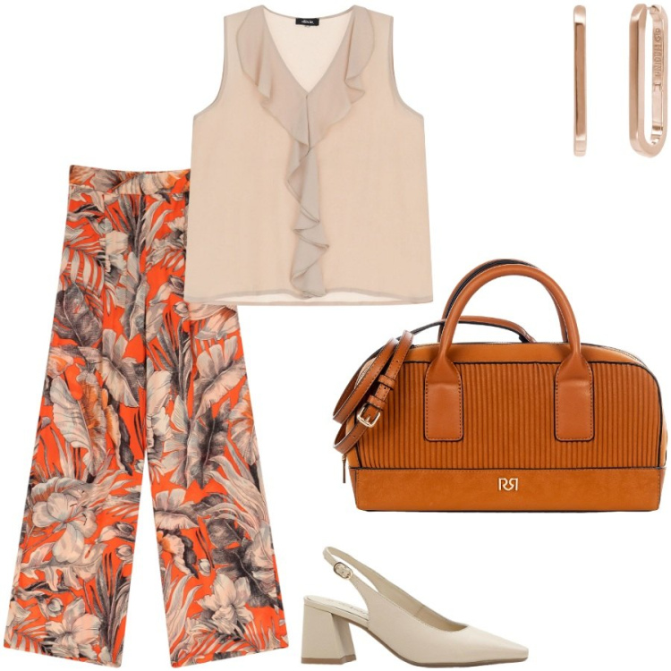 Outfit donna - Femminile e comfy. Stile Casual chic per Ufficio. Abbinamento con décolleté, orecchini, borse a mano, pantaloni a palazzo, top.