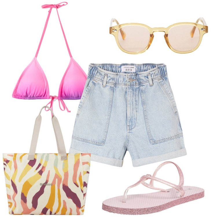 Outfit donna - Total look #2206488. Stile Trendy per Mare. Abbinamento con sandali, shorts, bikini, occhiali da sole, shopping bag.