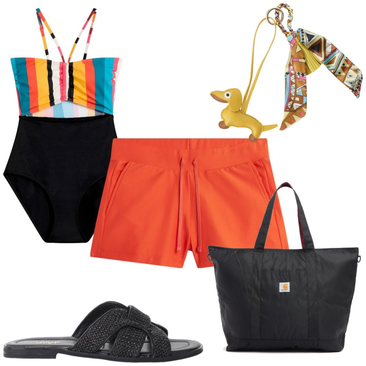 Outfit donna - Total look #2206492. Stile Trendy per Mare. Abbinamento con costumi interi, shorts, portachiavi, sandali, shopping bag.